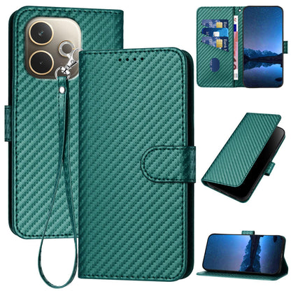 OPPO A5 Pro 5G Carbon Fiber Buckle Leather Phone Case with Lanyard, PU Leather TPU Wallet Cover with Card Slot, Cash Compartment, Stand Function & Scratch Protection