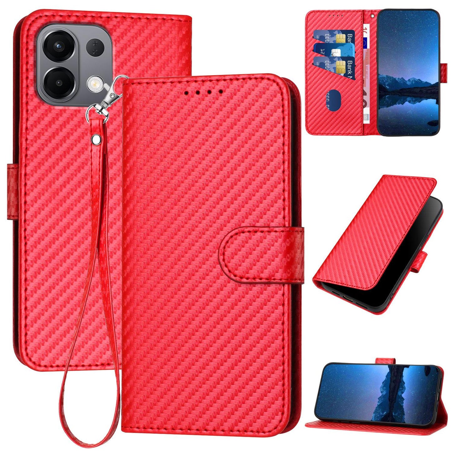 OPPO K13 5G Carbon Fiber Buckle Leather Phone Case with Lanyard, PU Leather TPU Wallet Cover with Card Slot, Cash Compartment, Stand Function & Scratch Protection