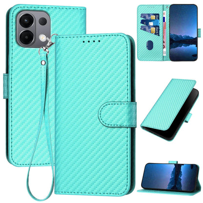 OPPO K13 5G Carbon Fiber Buckle Leather Phone Case with Lanyard, PU Leather TPU Wallet Cover with Card Slot, Cash Compartment, Stand Function & Scratch Protection