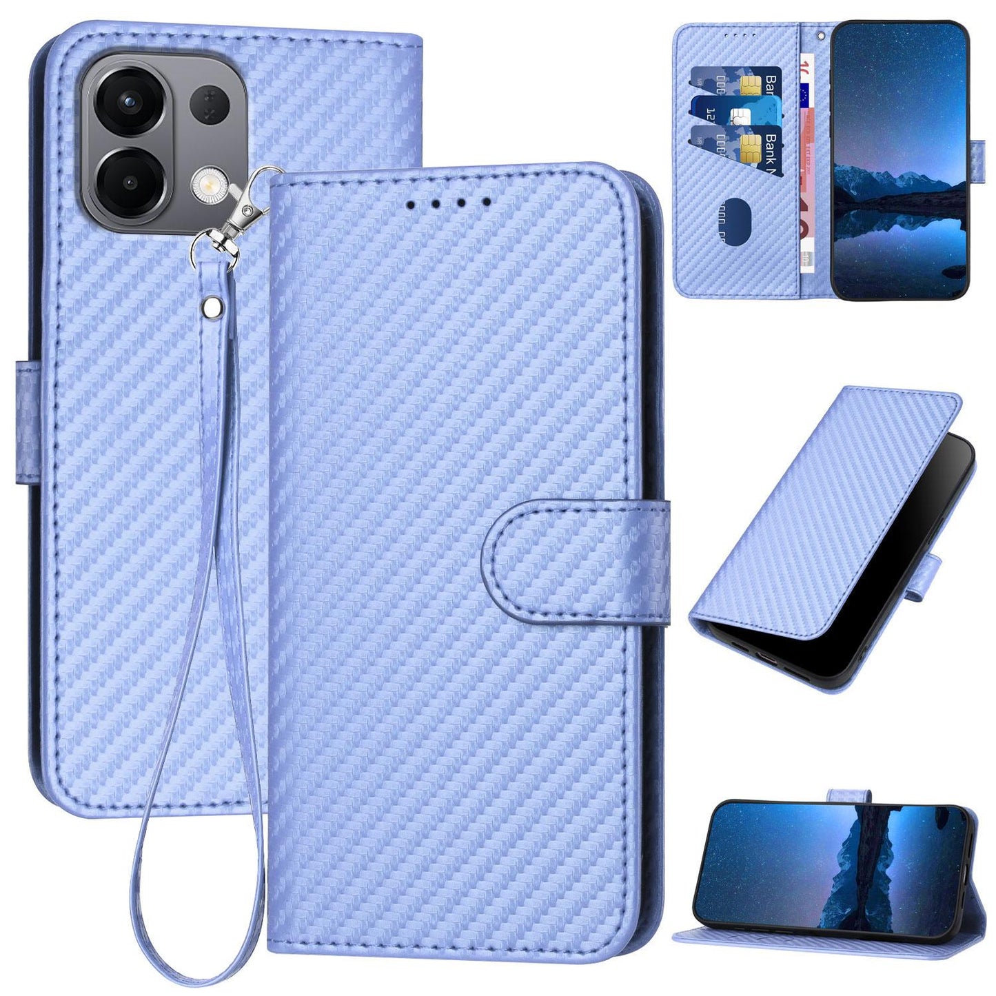 OPPO K13 5G Carbon Fiber Buckle Leather Phone Case with Lanyard, PU Leather TPU Wallet Cover with Card Slot, Cash Compartment, Stand Function & Scratch Protection