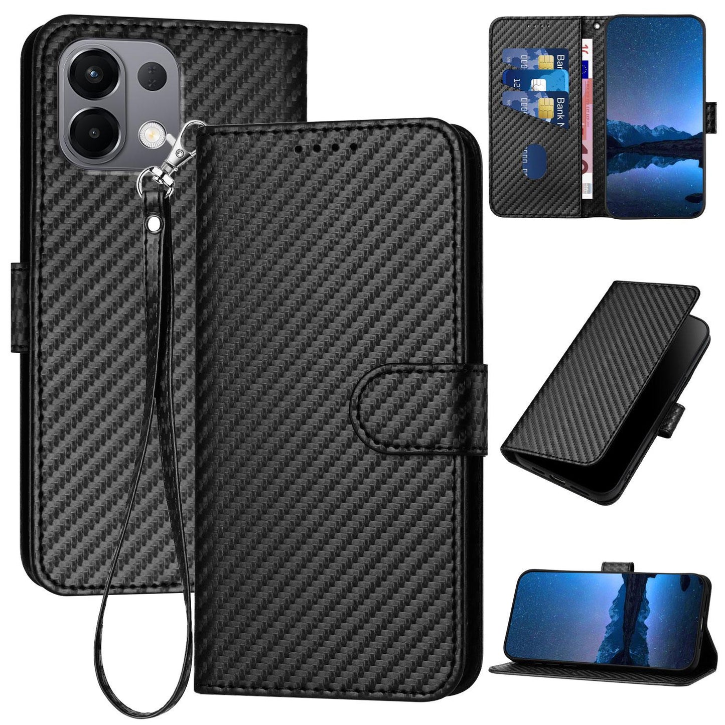OPPO K13 5G Carbon Fiber Buckle Leather Phone Case with Lanyard, PU Leather TPU Wallet Cover with Card Slot, Cash Compartment, Stand Function & Scratch Protection