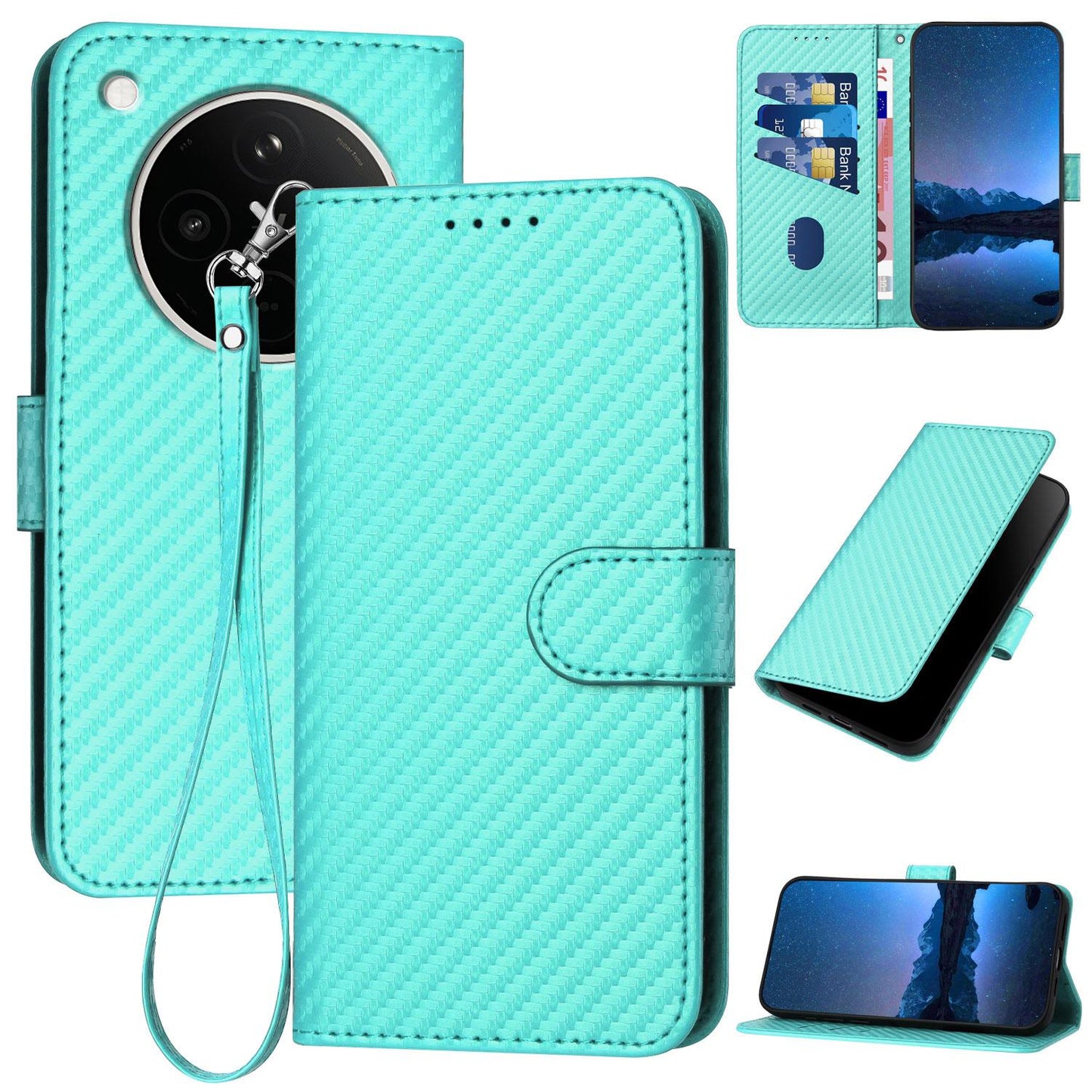 OPPO Find X8s+ Carbon Fiber Buckle Leather Phone Case with Lanyard, PU Leather TPU Wallet Cover with Card Slot, Cash Compartment, Stand Function & Scratch Protection
