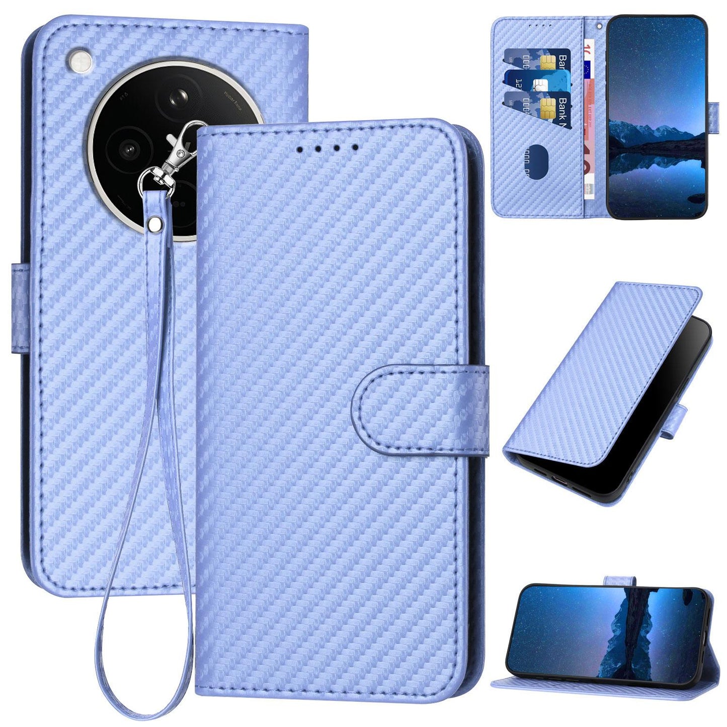 OPPO Find X8s+ Carbon Fiber Buckle Leather Phone Case with Lanyard, PU Leather TPU Wallet Cover with Card Slot, Cash Compartment, Stand Function & Scratch Protection