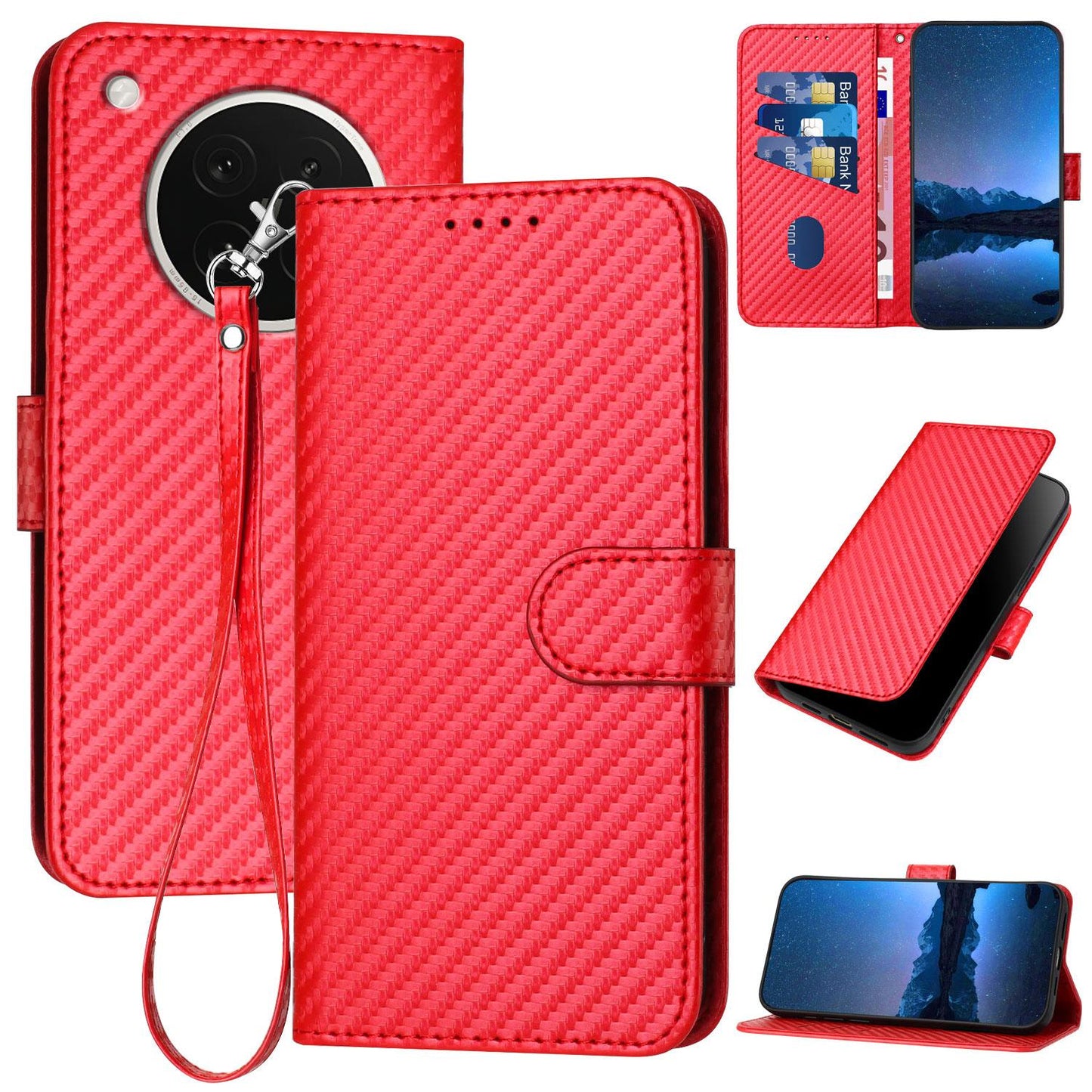 OPPO Find X8s Carbon Fiber Buckle Leather Phone Case with Lanyard, PU Leather TPU Wallet Cover with Card Slot, Cash Compartment, Stand Function & Scratch Protection