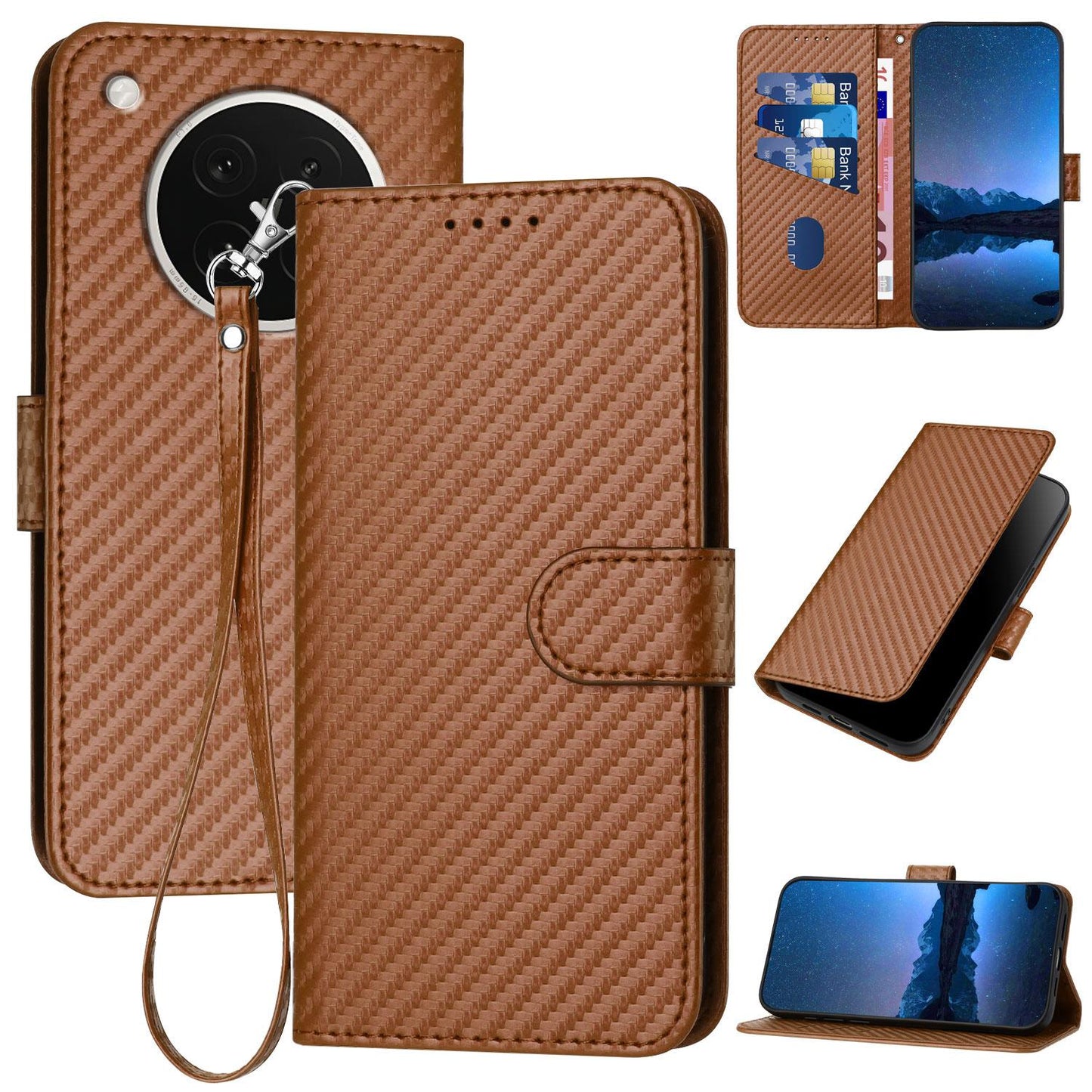 OPPO Find X8s Carbon Fiber Buckle Leather Phone Case with Lanyard, PU Leather TPU Wallet Cover with Card Slot, Cash Compartment, Stand Function & Scratch Protection
