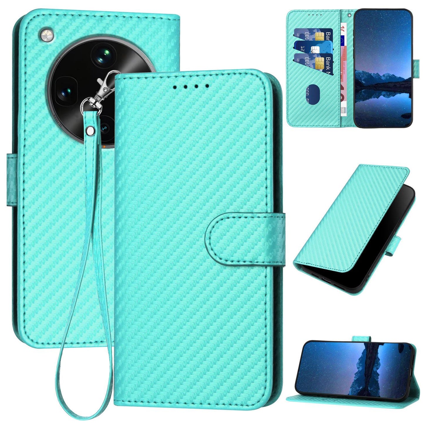 OPPO Find X8 Ultra Carbon Fiber Buckle Leather Phone Case with Lanyard, PU Leather TPU Wallet Cover with Card Slot, Cash Compartment, Stand Function & Scratch Protection