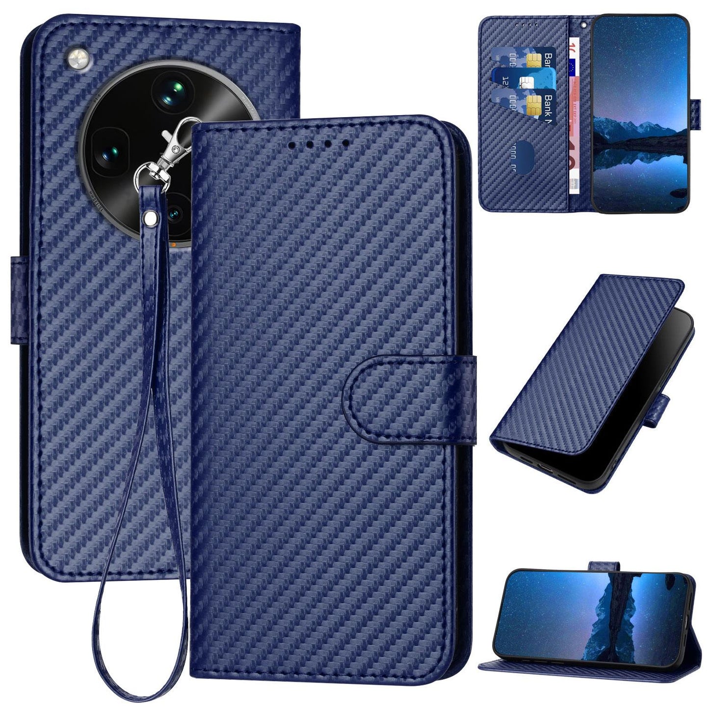 OPPO Find X8 Ultra Carbon Fiber Buckle Leather Phone Case with Lanyard, PU Leather TPU Wallet Cover with Card Slot, Cash Compartment, Stand Function & Scratch Protection