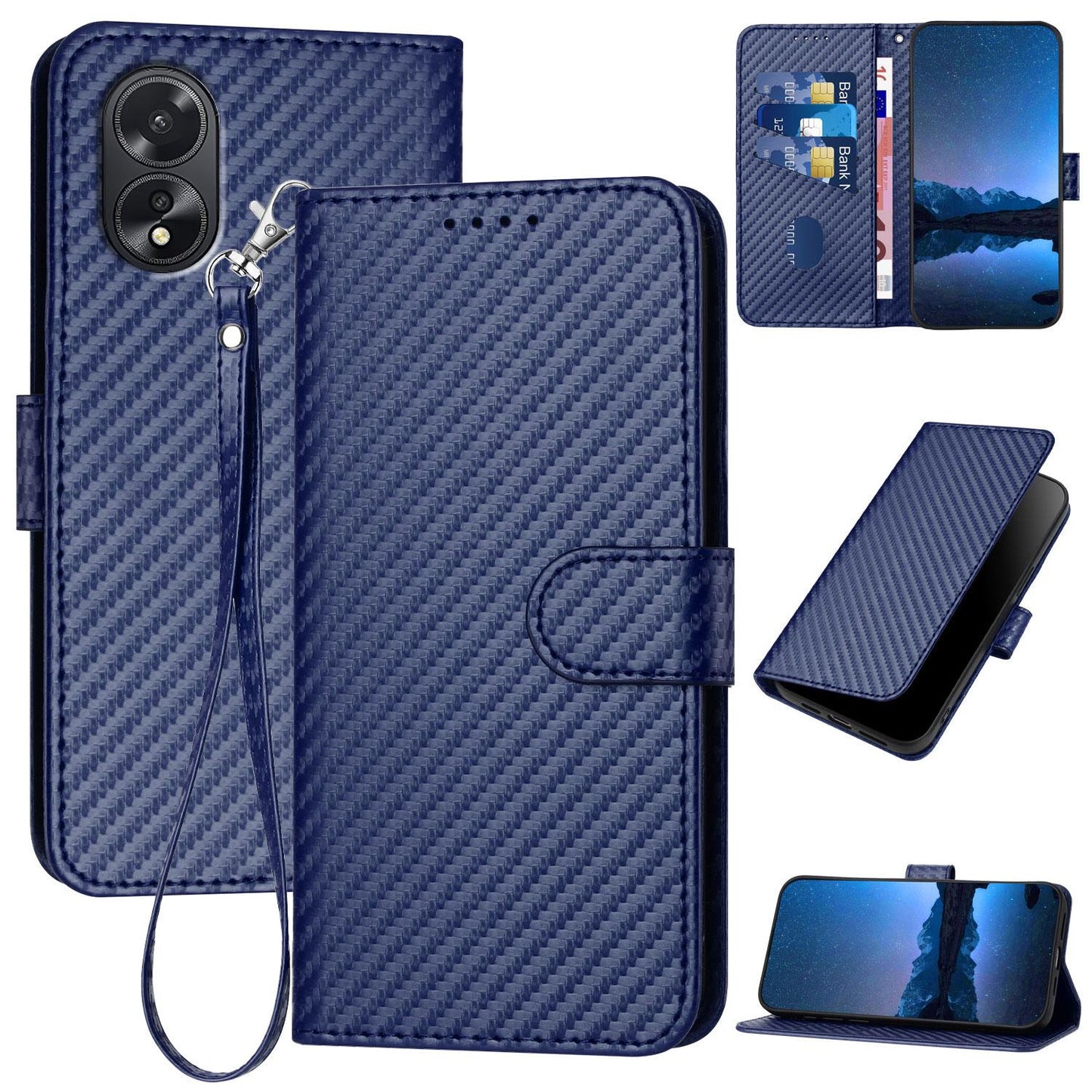 OPPO A38 Carbon Fiber Buckle Leather Phone Case with Lanyard, PU Leather TPU Wallet Cover with Card Slot, Cash Compartment, Stand Function & Scratch Protection