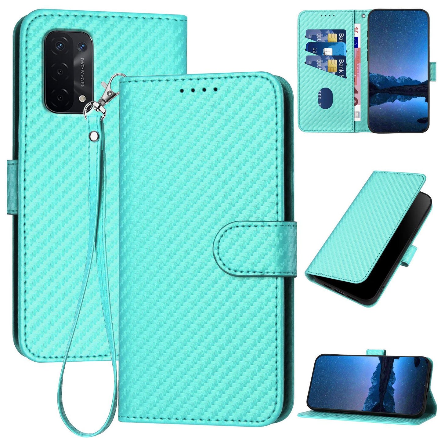 OPPO A74 5G Carbon Fiber Buckle Leather Phone Case with Lanyard, PU Leather TPU Wallet Cover with Card Slot, Cash Compartment, Stand Function & Scratch Protection