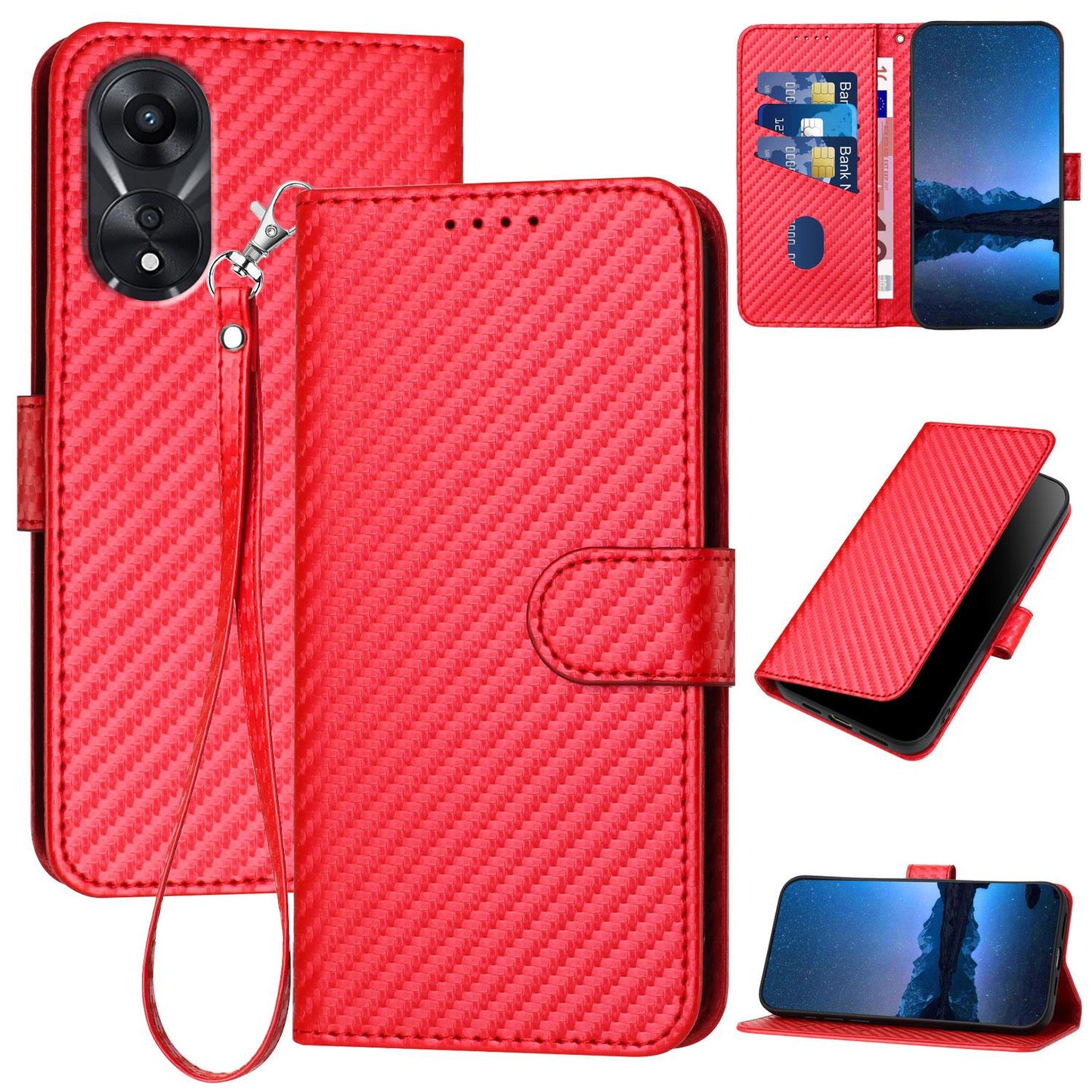OPPO A1x Carbon Fiber Buckle Leather Phone Case with Lanyard, PU Leather TPU Wallet Cover with Card Slot, Cash Compartment, Stand Function & Scratch Protection