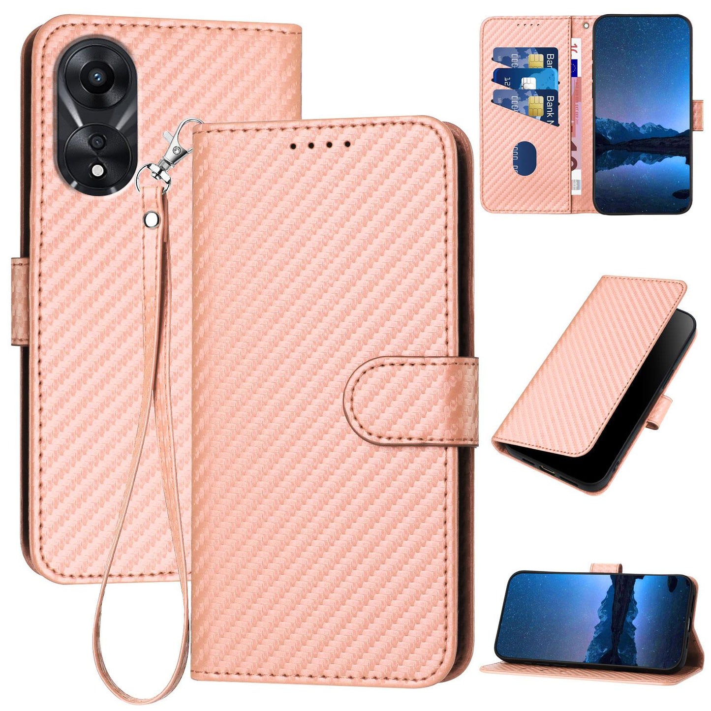 OPPO A1x Carbon Fiber Buckle Leather Phone Case with Lanyard, PU Leather TPU Wallet Cover with Card Slot, Cash Compartment, Stand Function & Scratch Protection