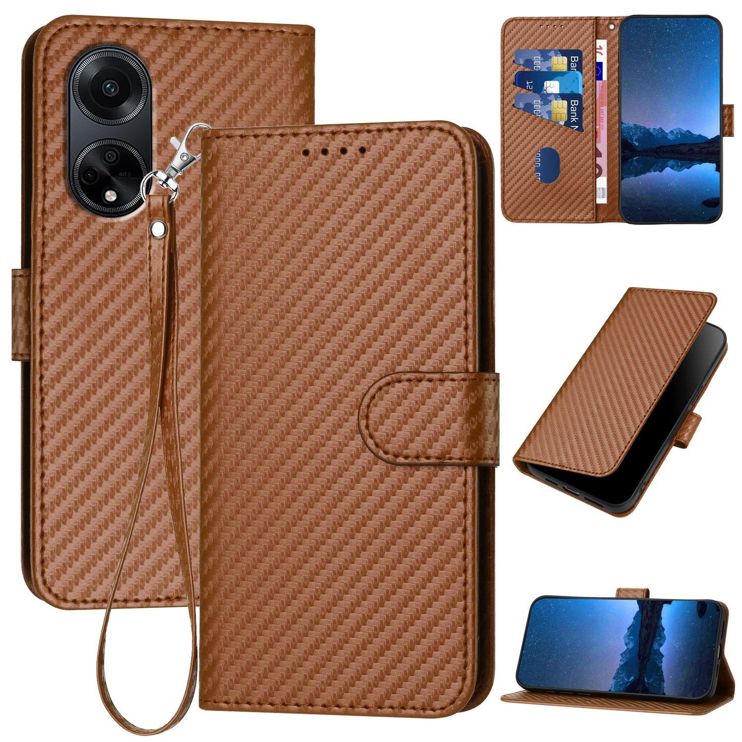 OPPO A98 5G Carbon Fiber Buckle Leather Phone Case with Lanyard, PU Leather TPU Wallet Cover with Card Slot, Cash Compartment, Stand Function & Scratch Protection