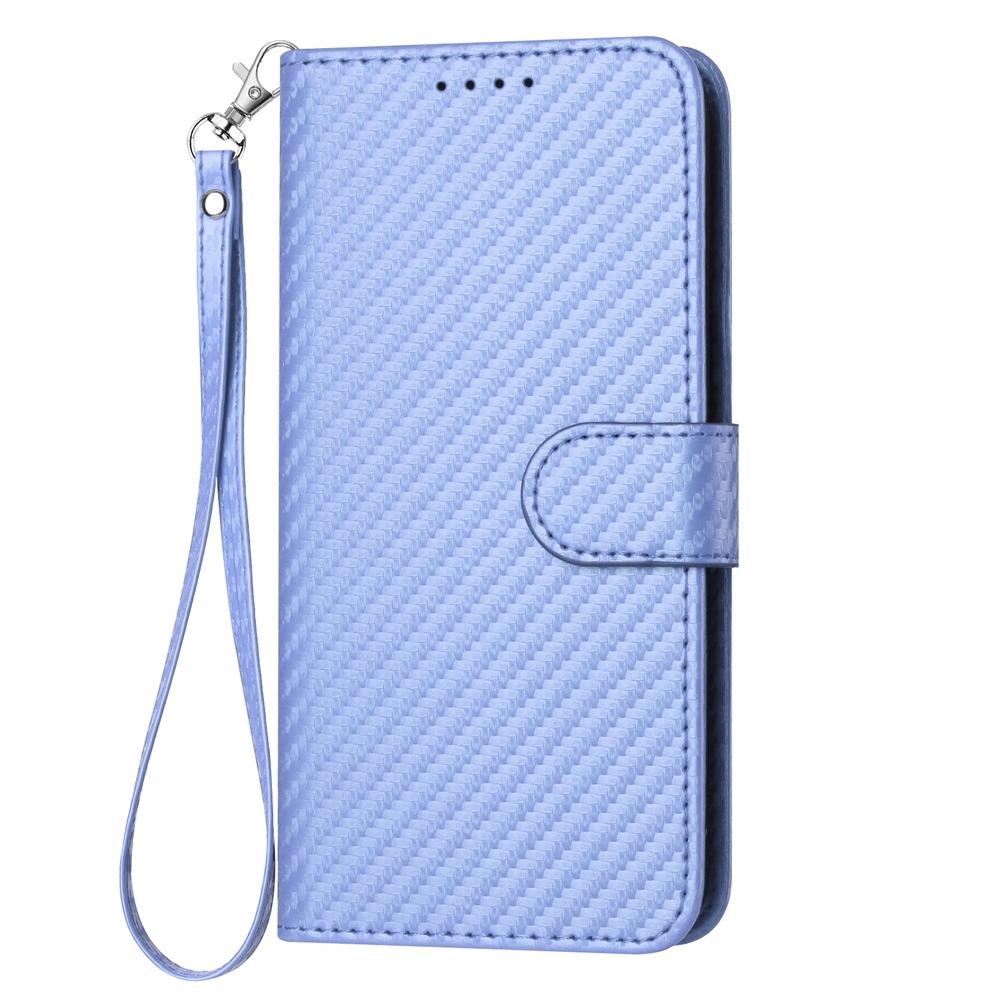 OPPO A98 5G Carbon Fiber Buckle Leather Phone Case with Lanyard, PU Leather TPU Wallet Cover with Card Slot, Cash Compartment, Stand Function & Scratch Protection