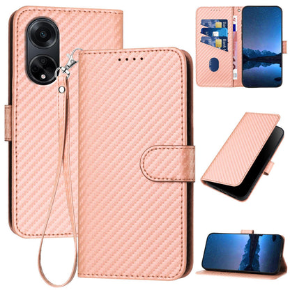 OPPO A98 5G Carbon Fiber Buckle Leather Phone Case with Lanyard, PU Leather TPU Wallet Cover with Card Slot, Cash Compartment, Stand Function & Scratch Protection