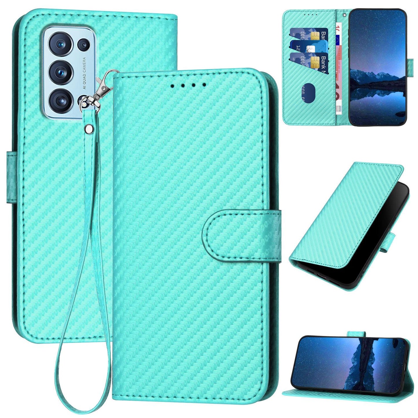 OPPO Reno6 Pro+ 5G Carbon Fiber Buckle Leather Phone Case with Lanyard, PU Leather TPU Wallet Cover with Card Slot, Cash Compartment, Stand Function & Scratch Protection