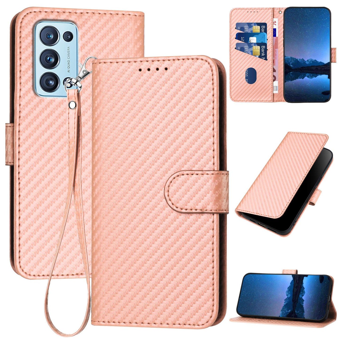 OPPO Reno6 Pro+ 5G Carbon Fiber Buckle Leather Phone Case with Lanyard, PU Leather TPU Wallet Cover with Card Slot, Cash Compartment, Stand Function & Scratch Protection