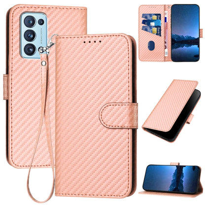 OPPO Reno6 Pro+ 5G Carbon Fiber Buckle Leather Phone Case with Lanyard, PU Leather TPU Wallet Cover with Card Slot, Cash Compartment, Stand Function & Scratch Protection