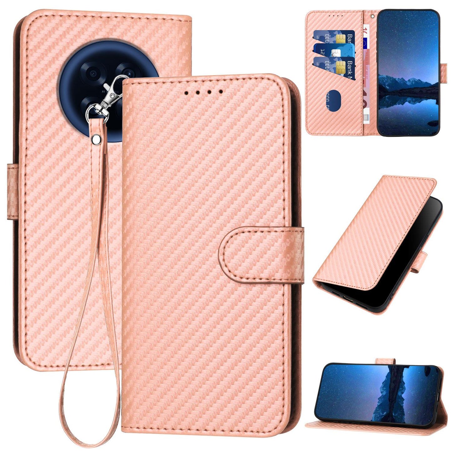 OPPO F31 Pro+ 5G Carbon Fiber Buckle Leather Phone Case with Lanyard, PU Leather TPU Wallet Cover with Card Slot, Cash Compartment, Stand Function & Scratch Protection