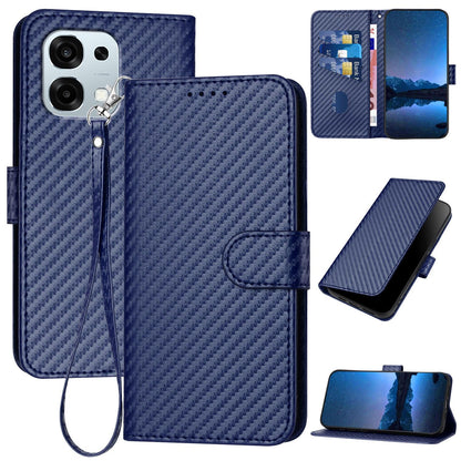 OPPO A6 Pro 4G Carbon Fiber Buckle Leather Phone Case with Lanyard, PU Leather TPU Wallet Cover with Card Slot, Cash Compartment, Stand Function & Scratch Protection