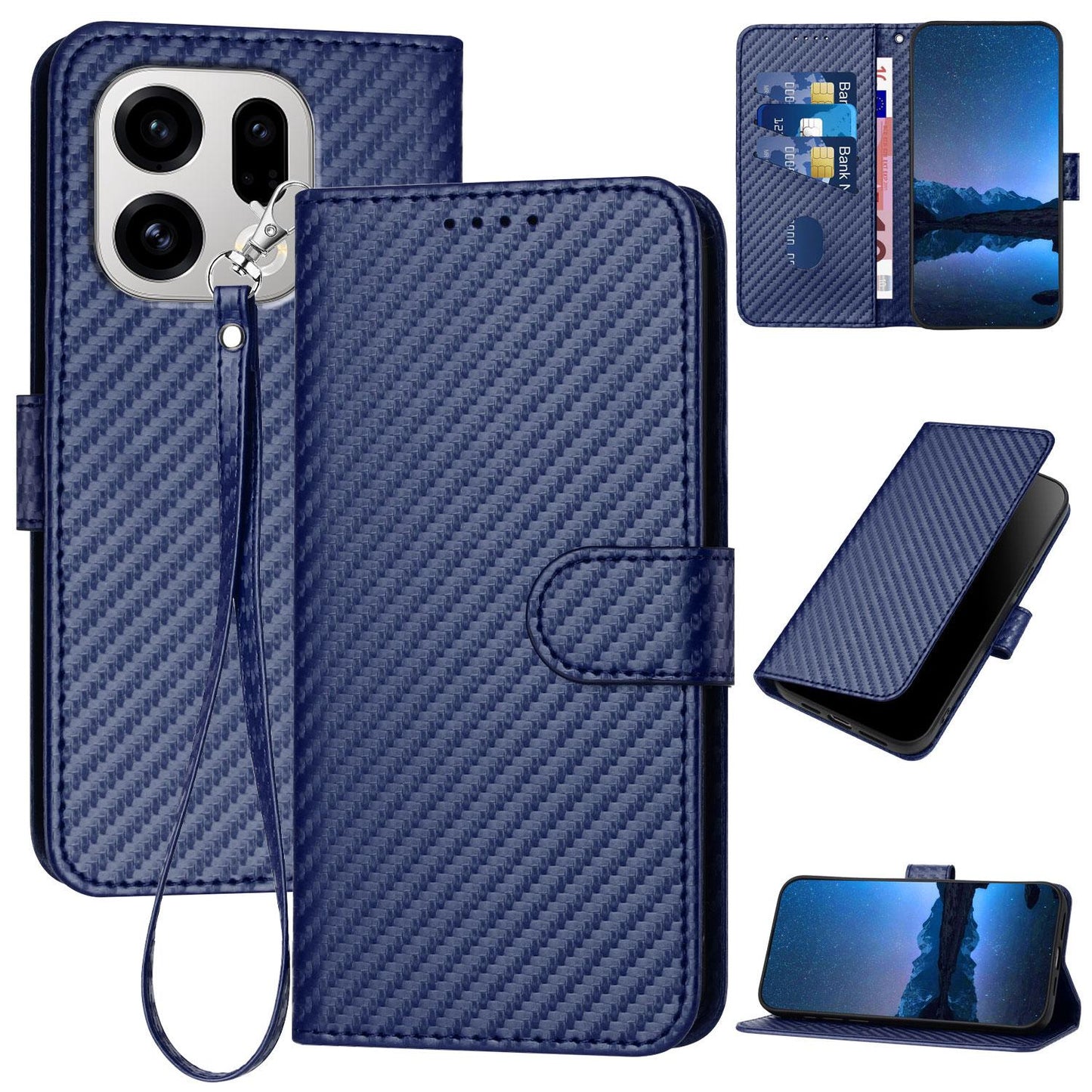 OPPO Find X9 Carbon Fiber Buckle Leather Phone Case with Lanyard, PU Leather TPU Wallet Cover with Card Slot, Cash Compartment, Stand Function & Scratch Protection