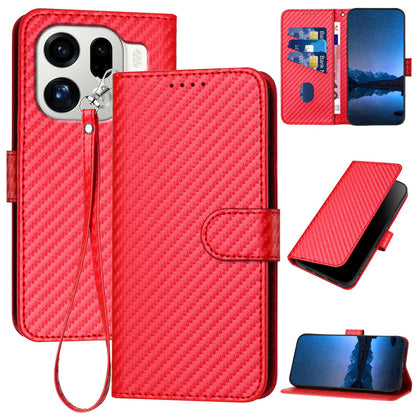 OPPO Find X9 Pro Carbon Fiber Buckle Leather Phone Case with Lanyard, PU Leather TPU Wallet Cover with Card Slot, Cash Compartment, Stand Function & Scratch Protection