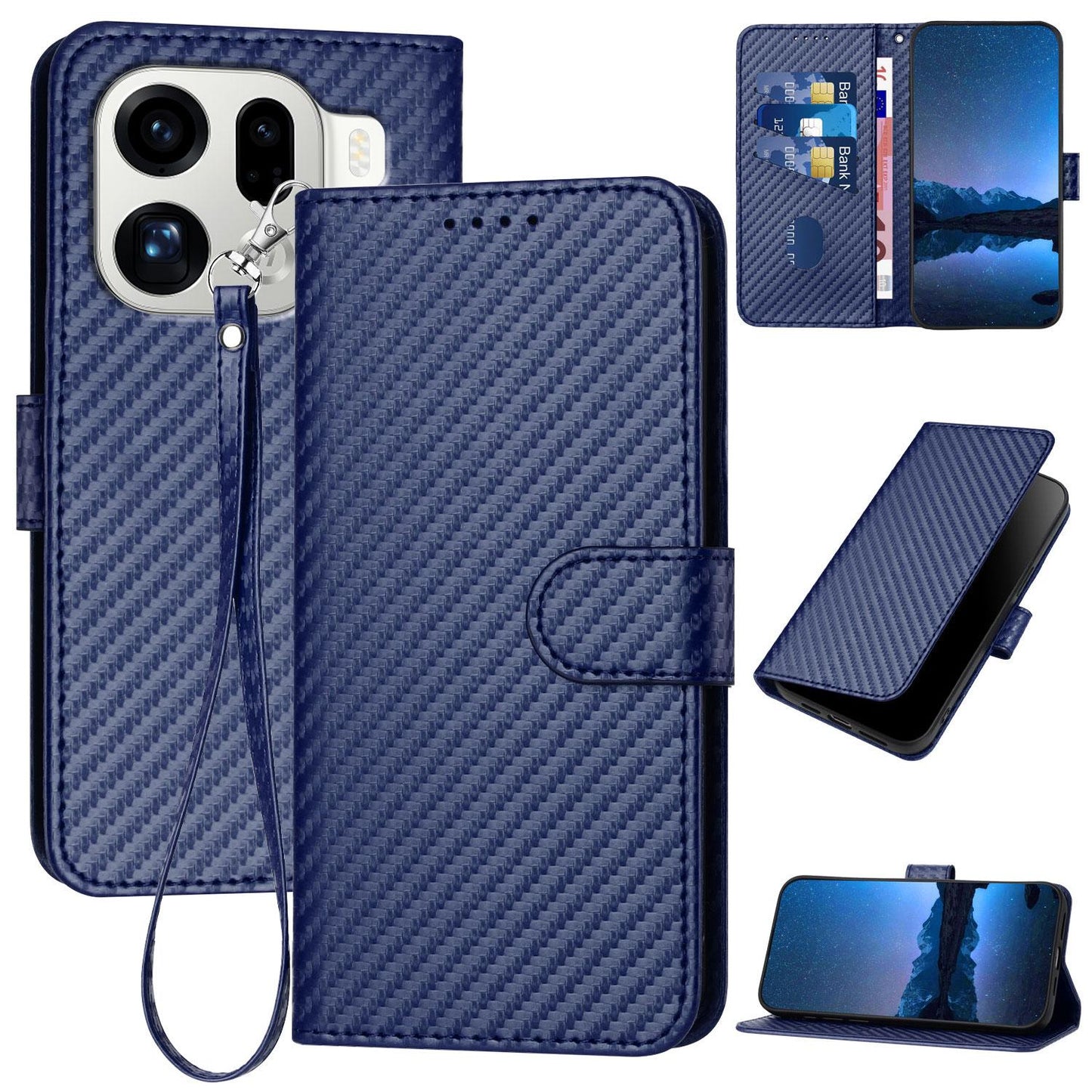 OPPO Find X9 Pro Carbon Fiber Buckle Leather Phone Case with Lanyard, PU Leather TPU Wallet Cover with Card Slot, Cash Compartment, Stand Function & Scratch Protection