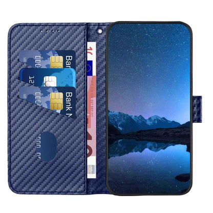 OPPO Find X9 Pro Carbon Fiber Buckle Leather Phone Case with Lanyard, PU Leather TPU Wallet Cover with Card Slot, Cash Compartment, Stand Function & Scratch Protection