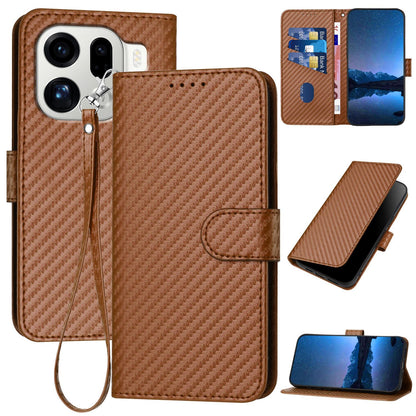OPPO Find X9 Pro Carbon Fiber Buckle Leather Phone Case with Lanyard, PU Leather TPU Wallet Cover with Card Slot, Cash Compartment, Stand Function & Scratch Protection