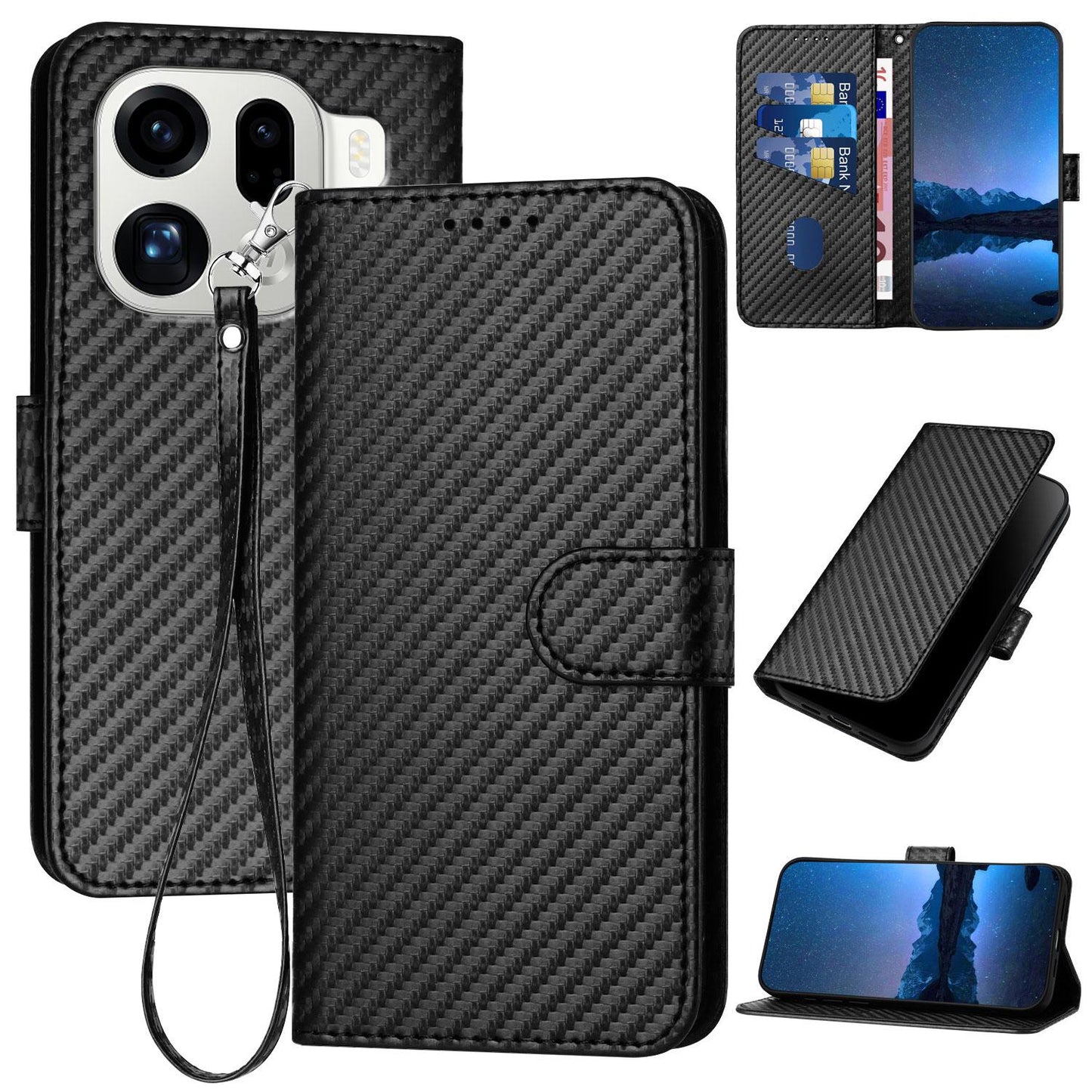 OPPO Find X9 Pro Carbon Fiber Buckle Leather Phone Case with Lanyard, PU Leather TPU Wallet Cover with Card Slot, Cash Compartment, Stand Function & Scratch Protection