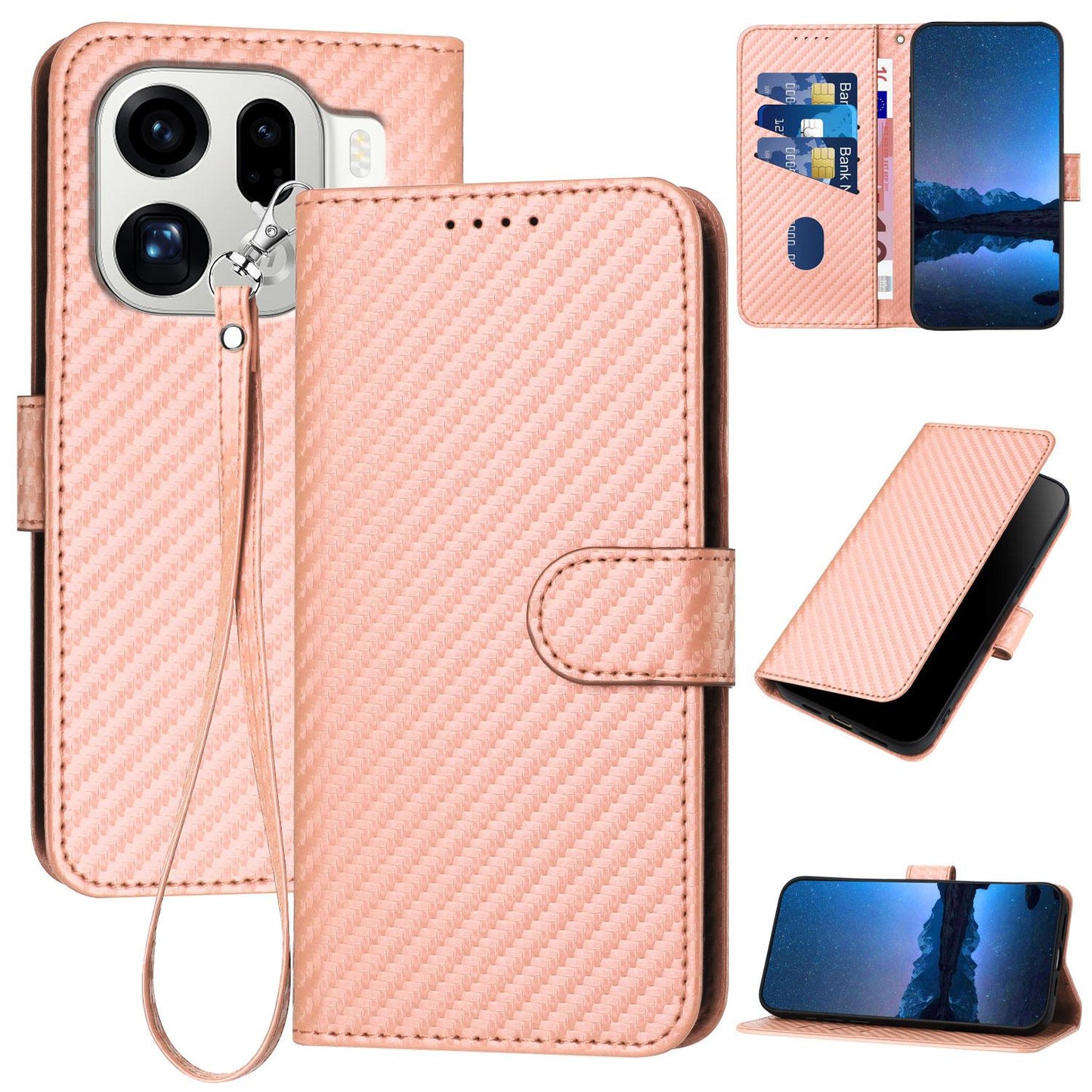 OPPO Find X9 Pro Carbon Fiber Buckle Leather Phone Case with Lanyard, PU Leather TPU Wallet Cover with Card Slot, Cash Compartment, Stand Function & Scratch Protection