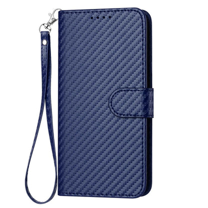 OPPO Reno15 5G Carbon Fiber Buckle Leather Phone Case with Lanyard, PU Leather TPU Wallet Cover with Card Slot, Cash Compartment, Stand Function & Scratch Protection
