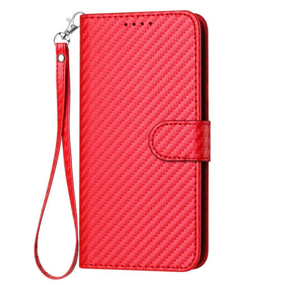OPPO Reno15 Pro 5G Carbon Fiber Buckle Leather Phone Case with Lanyard, PU Leather TPU Wallet Cover with Card Slot, Cash Compartment, Stand Function & Scratch Protection