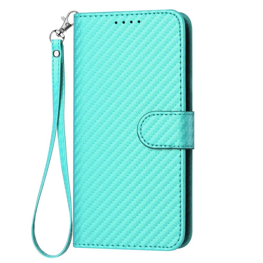 OPPO Reno15 Pro 5G Carbon Fiber Buckle Leather Phone Case with Lanyard, PU Leather TPU Wallet Cover with Card Slot, Cash Compartment, Stand Function & Scratch Protection