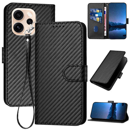 OPPO Reno15 Pro 5G Carbon Fiber Buckle Leather Phone Case with Lanyard, PU Leather TPU Wallet Cover with Card Slot, Cash Compartment, Stand Function & Scratch Protection