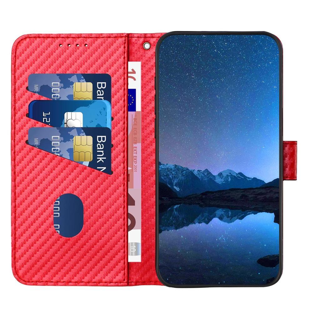 OPPO Reno15 Pro Max 5G Carbon Fiber Buckle Leather Phone Case with Lanyard, PU Leather TPU Wallet Cover with Card Slot, Cash Compartment, Stand Function & Scratch Protection