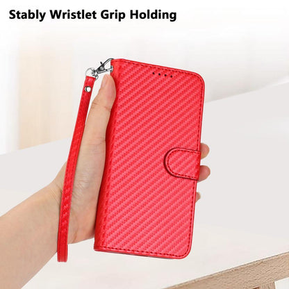 OPPO Reno15 Pro Max 5G Carbon Fiber Buckle Leather Phone Case with Lanyard, PU Leather TPU Wallet Cover with Card Slot, Cash Compartment, Stand Function & Scratch Protection