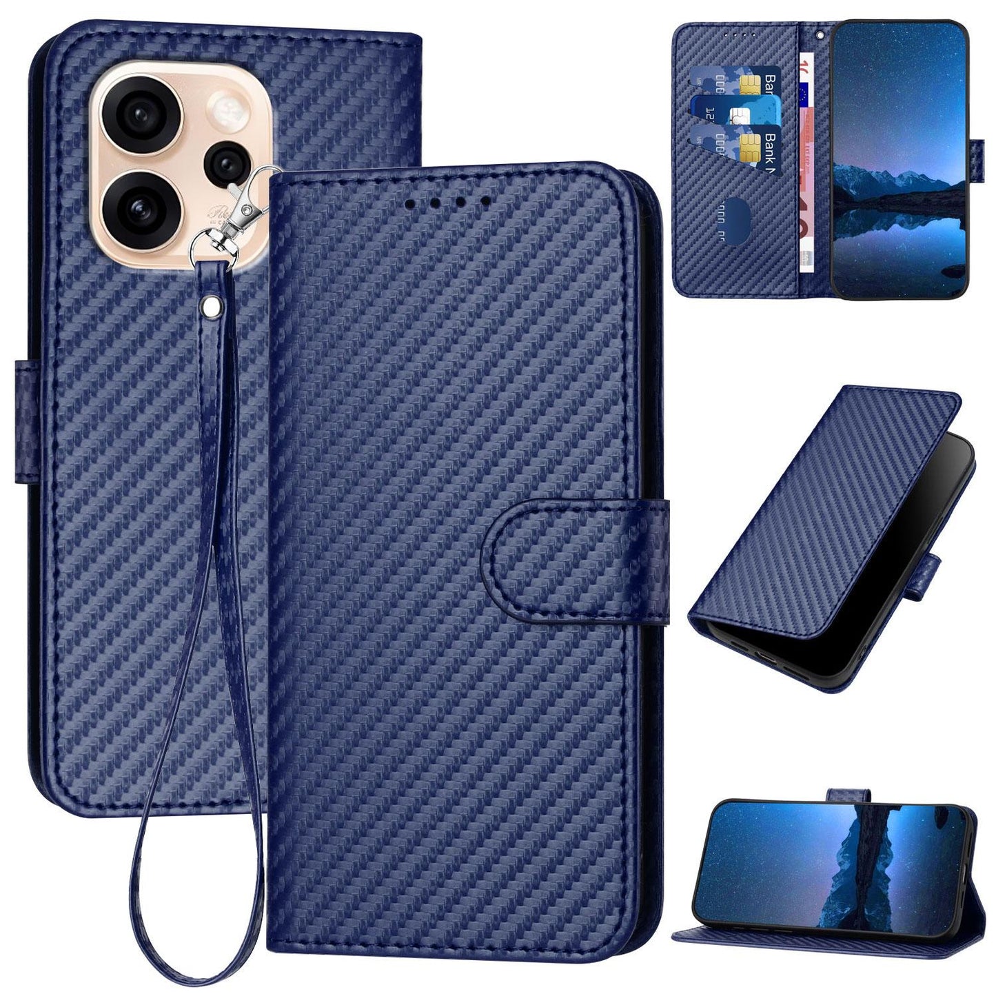 OPPO Reno15 F 5G Carbon Fiber Buckle Leather Phone Case with Lanyard, PU Leather TPU Wallet Cover with Card Slot, Cash Compartment, Stand Function & Scratch Protection