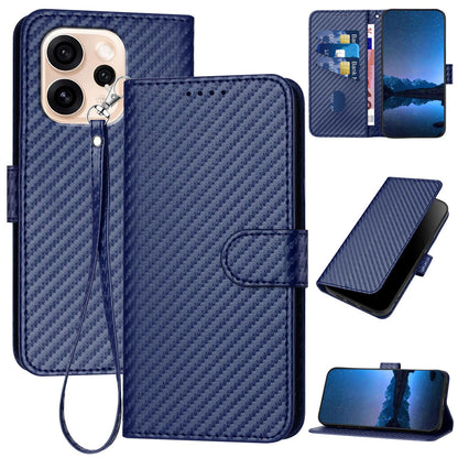 OPPO Reno15 F 5G Carbon Fiber Buckle Leather Phone Case with Lanyard, PU Leather TPU Wallet Cover with Card Slot, Cash Compartment, Stand Function & Scratch Protection
