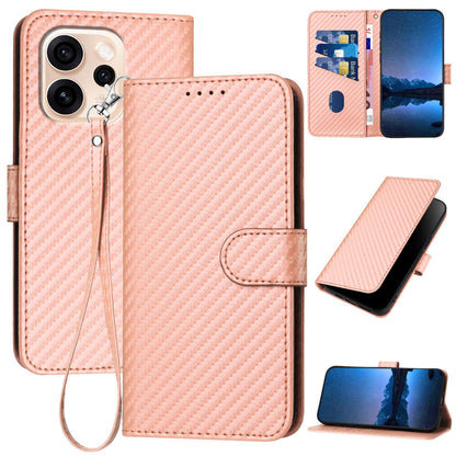 OPPO Reno15 F 5G Carbon Fiber Buckle Leather Phone Case with Lanyard, PU Leather TPU Wallet Cover with Card Slot, Cash Compartment, Stand Function & Scratch Protection