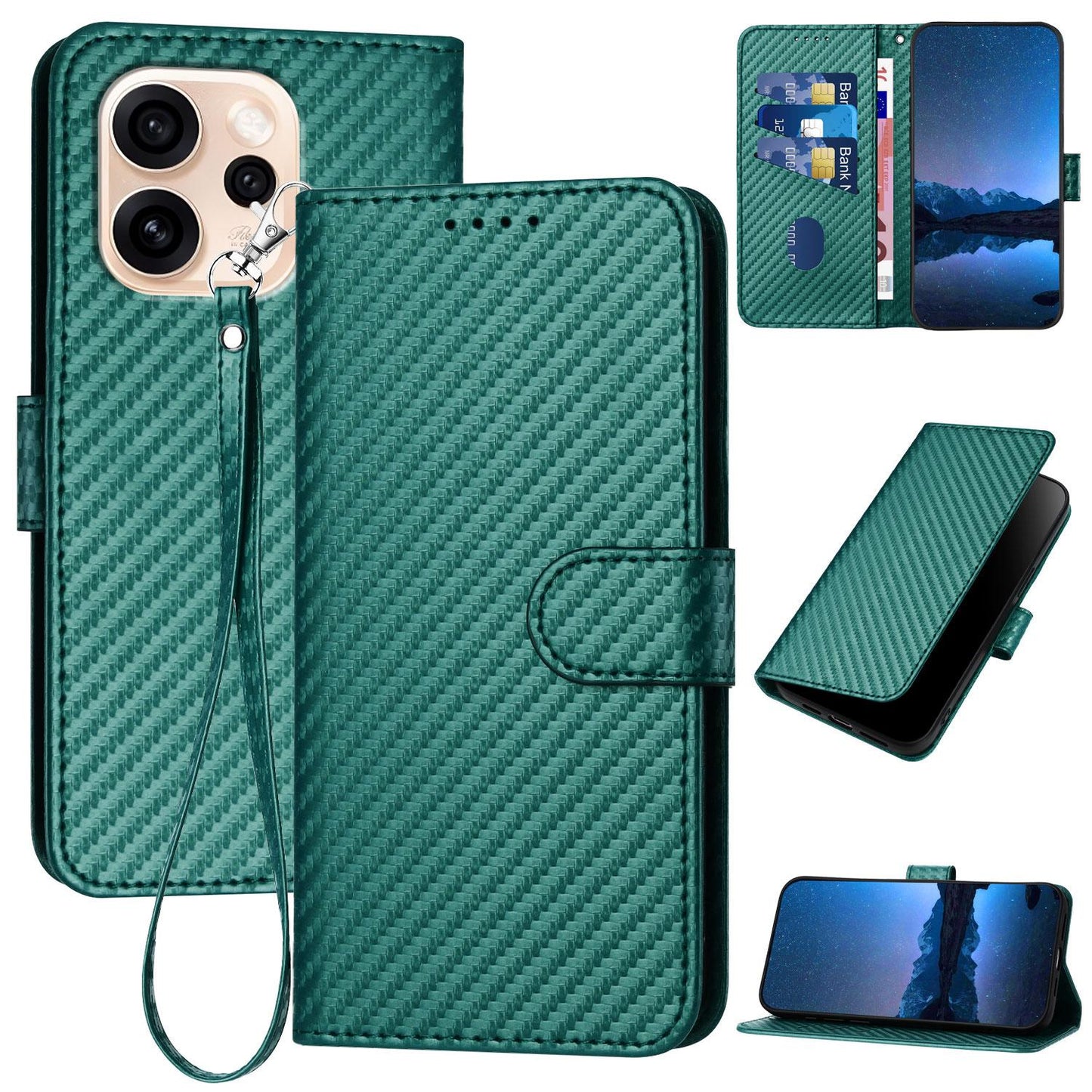 OPPO Reno15 F 5G Carbon Fiber Buckle Leather Phone Case with Lanyard, PU Leather TPU Wallet Cover with Card Slot, Cash Compartment, Stand Function & Scratch Protection