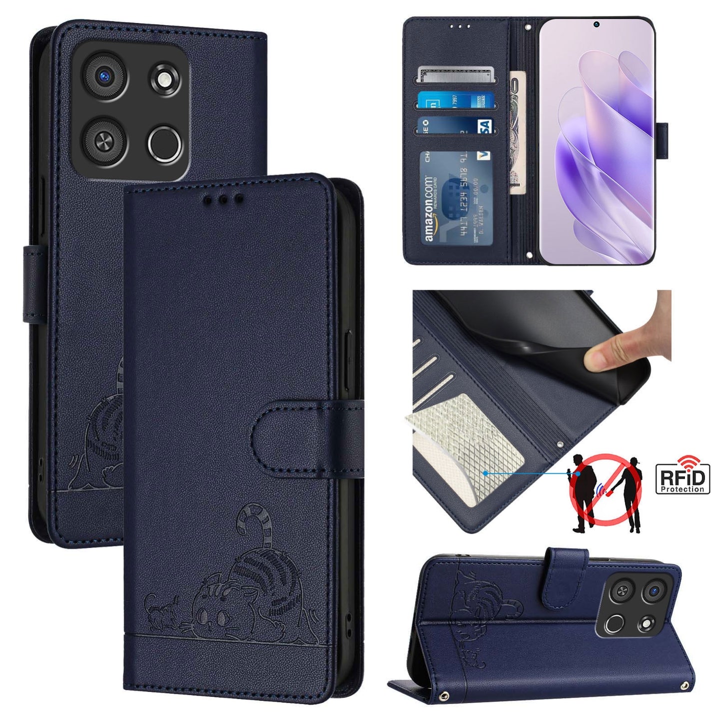 itel A05s Cat & Rat Embossed RFID Leather Case, Lanyard, Wallet, Card Slots, Kickstand, Anti-Fall, Scratch-Resistant
