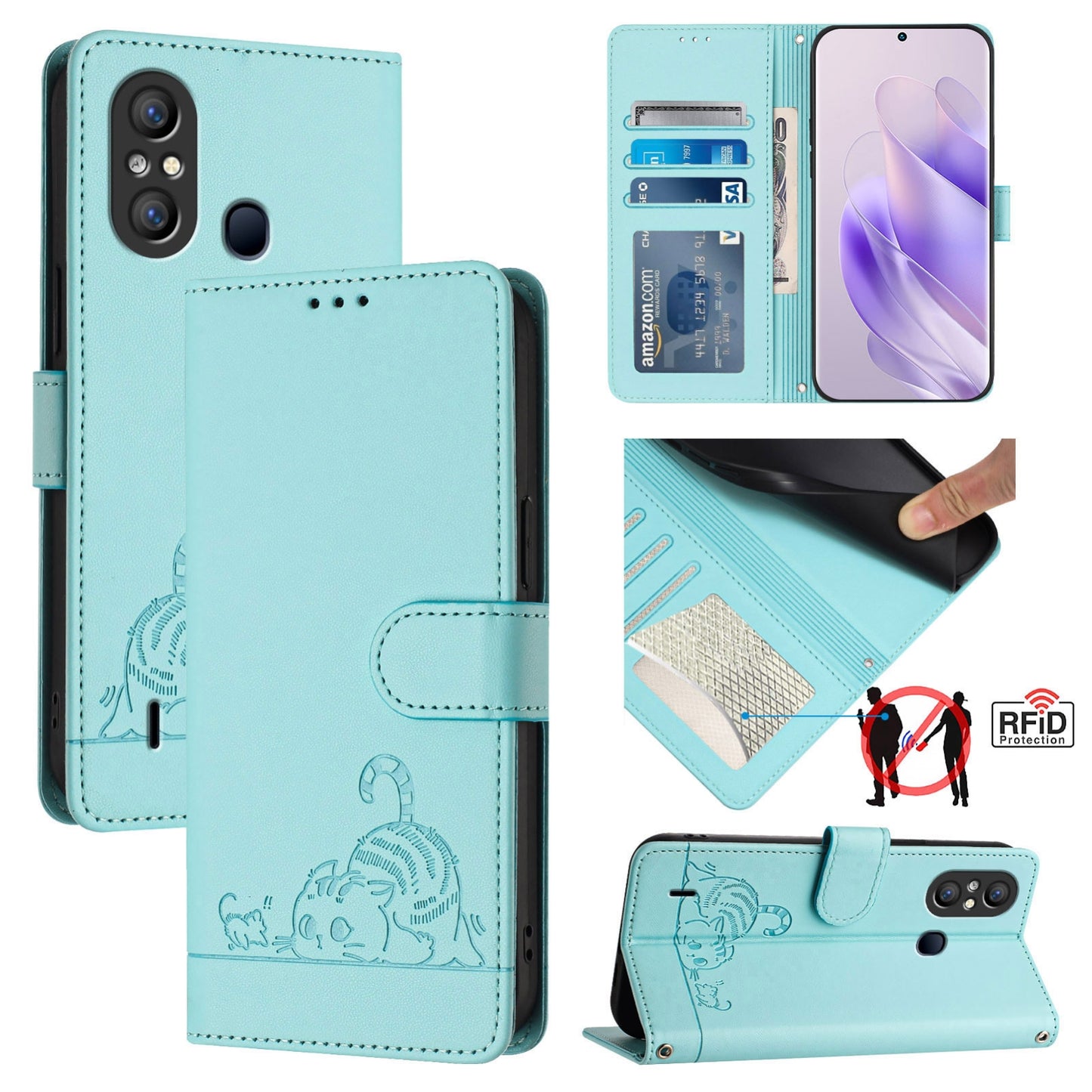 itel A49 Cat & Rat Embossed RFID Leather Case, Lanyard, Wallet, Card Slots, Kickstand, Anti-Fall, Scratch-Resistant