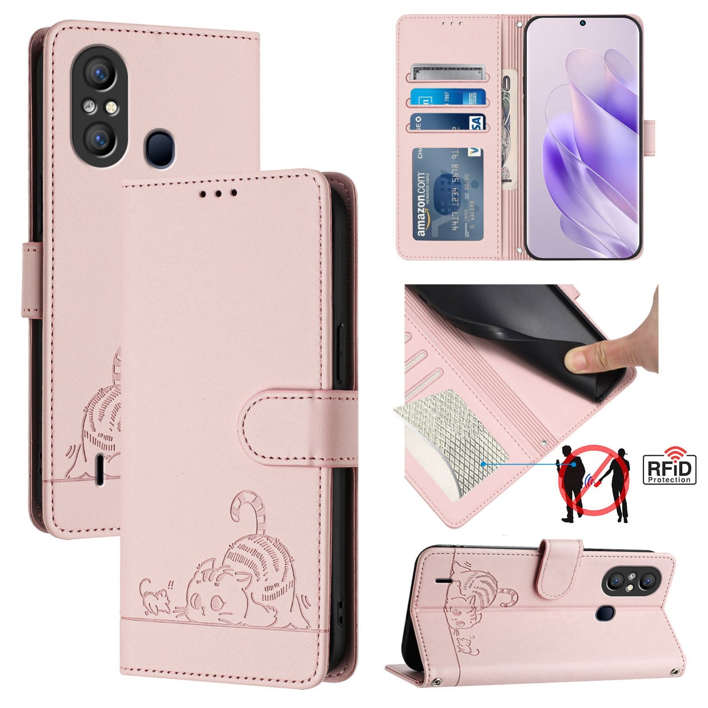 itel A49 Cat & Rat Embossed RFID Leather Case, Lanyard, Wallet, Card Slots, Kickstand, Anti-Fall, Scratch-Resistant