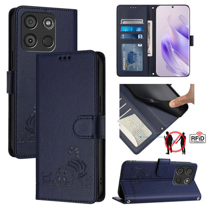 itel A60s Cat & Rat Embossed RFID Leather Case, Lanyard, Wallet, Card Slots, Kickstand, Anti-Fall, Scratch-Resistant