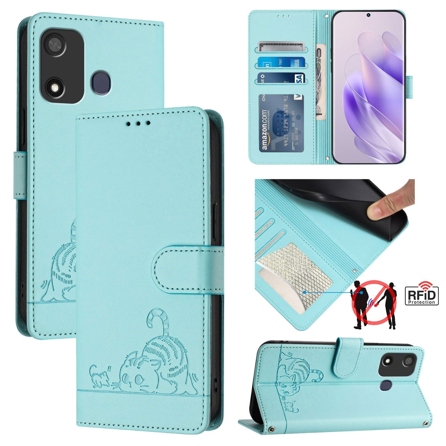 itel P17 Cat & Rat Embossed RFID Leather Case, Lanyard, Wallet, Card Slots, Kickstand, Anti-Fall, Scratch-Resistant