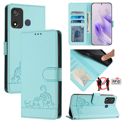 itel P17 Cat & Rat Embossed RFID Leather Case, Lanyard, Wallet, Card Slots, Kickstand, Anti-Fall, Scratch-Resistant