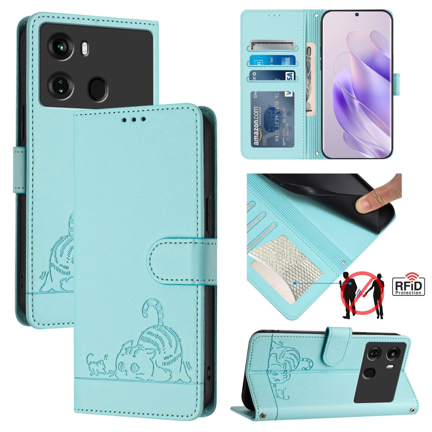 itel P40 Cat & Rat Embossed RFID Leather Case, Lanyard, Wallet, Card Slots, Kickstand, Anti-Fall, Scratch-Resistant