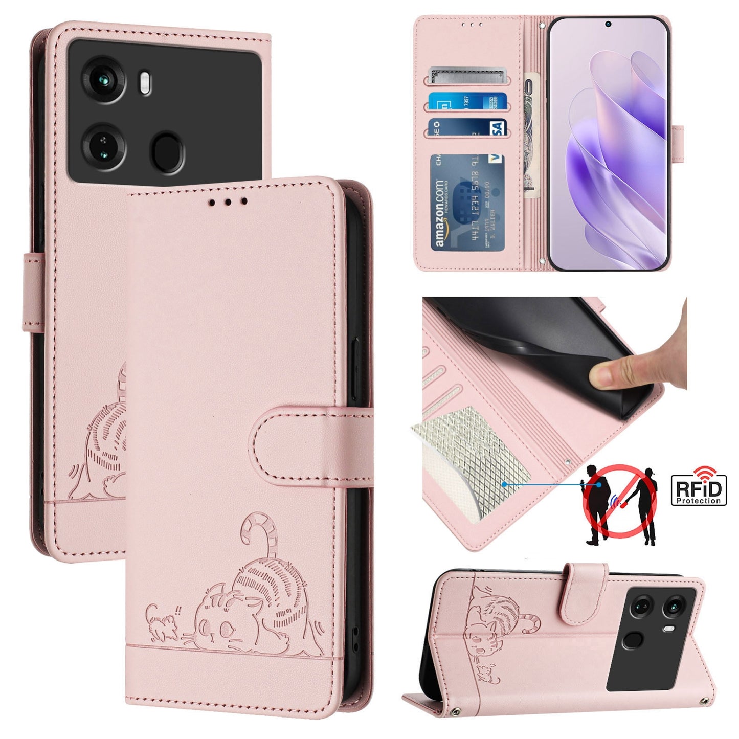 itel P40 Cat & Rat Embossed RFID Leather Case, Lanyard, Wallet, Card Slots, Kickstand, Anti-Fall, Scratch-Resistant