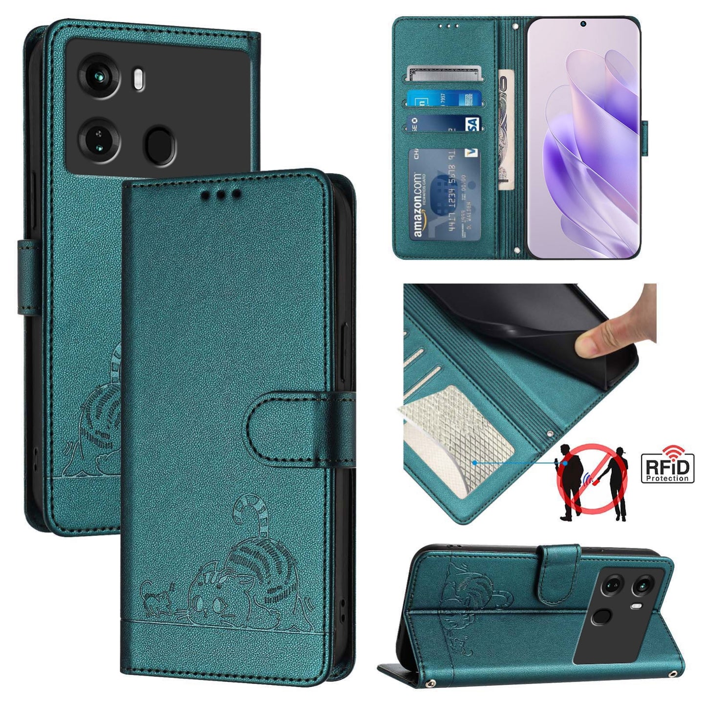 itel P40 Cat & Rat Embossed RFID Leather Case, Lanyard, Wallet, Card Slots, Kickstand, Anti-Fall, Scratch-Resistant