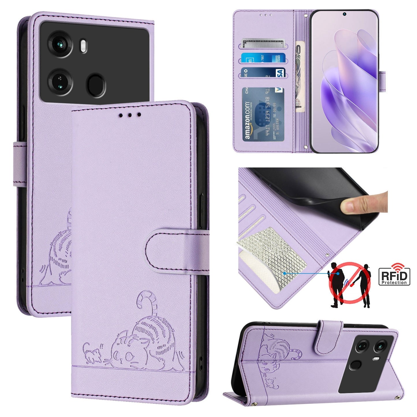 itel P40 Cat & Rat Embossed RFID Leather Case, Lanyard, Wallet, Card Slots, Kickstand, Anti-Fall, Scratch-Resistant